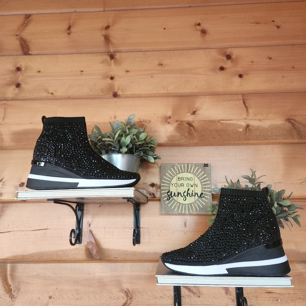 Michael Kors Skyler Crystal Sock Sneaker Booties Black Wedge Heel Sz 7M‎
